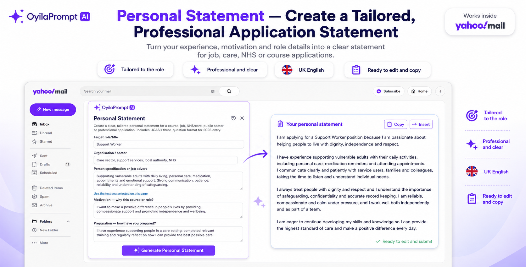 OyilaPrompt AI's Personal Statement tool open inside Yahoo Mail: the form on the left filled with a Support Worker role and job details, and a generated, ready-to-edit personal statement on the right with Copy and Insert buttons.